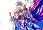  1girl 2boys blue_eyes blue_hair cape falchion_(fire_emblem) fire_emblem fire_emblem:_akatsuki_no_megami fire_emblem:_kakusei fire_emblem:_mystery_of_the_emblem fire_emblem:_souen_no_kiseki headband ike long_hair lucina male_focus marth multiple_boys ragnell short_hair sword tiara weapon 