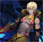  1boy arabian_clothes blonde_hair dark_persona dark_skin dark_skinned_male ea_(fate/stay_night) fate/grand_order fate_(series) gauntlets gilgamesh gilgamesh_(caster)_(fate) looking_at_viewer lowres male_focus nekonagi parted_lips red_eyes shirtless short_hair smile solo twitter_username 