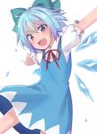  1girl asa_(coco) blue_dress blue_eyes blue_hair blue_ribbon bow cirno dress dress_shirt hair_bow ice ice_wings open_mouth outstretched_arms outstretched_hand puffy_short_sleeves puffy_sleeves ribbon shirt short_hair short_sleeves touhou white_shirt wings 
