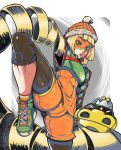  1girl arms_(game) bangs beanie bike_shorts blonde_hair chinese_clothes crois dragon facepaint food green_eyes hat highres legwear_under_shorts looking_at_viewer mask min_min_(arms) noodles short_hair shorts solo 