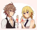  1boy 1girl ahoge bangs blonde_hair blush braid couple eyebrows_visible_through_hair fate/apocrypha fate_(series) from_side hetero jeanne_d&#039;arc_(fate) jeanne_d&#039;arc_(fate)_(all) long_braid long_hair long_sleeves loop necktie nyorotono open_clothes pink_background purple_neckwear red_eyes red_string shirt short_hair sieg_(fate/apocrypha) simple_background single_braid sleeveless sleeveless_shirt string very_long_hair violet_eyes waistcoat white_shirt 
