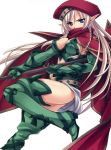  1girl alleyne_(queen&#039;s_blade) armpit_peek beret blue_eyes boots braid breasts bustier cape cleavage covered_mouth elbow_gloves elf from_side gloves green_boots hat holding holding_weapon long_hair looking_at_viewer looking_to_the_side matsuryuu medium_breasts pointy_ears queen&#039;s_blade red_cape side_braid silver_hair solo thigh-highs thigh_boots very_long_hair weapon 