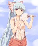  1girl bare_shoulders bow breasts cleavage clouds cloudy_sky collarbone fan fanning_face fanning_self fujiwara_no_mokou hair_bow hair_ribbon highres hot long_hair midriff midriff_peek miyo_(ranthath) navel red_eyes ribbon shirt shorts silver_hair sky sleeveless solo sun suspenders sweat torn_clothes torn_sleeves touhou very_long_hair 