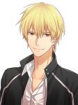  1boy adapted_costume akuta_michi alternate_costume blonde_hair casual contemporary fate/stay_night fate_(series) gilgamesh hair_between_eyes looking_at_viewer red_eyes slit_pupils smile solo upper_body 