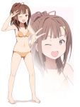  breasts brown_eyes brown_hair collarbone hair_ornament hairclip high_school_fleet irizaki_mei looking_at_viewer navel one_eye_closed small_breasts solo sutee_(ripobita) swimsuit v 