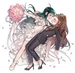  2girls :d ahoge ankle_bow ankle_ribbon bangs black_bow black_bowtie black_pants black_shoes black_suit blue_eyes blush bow bowtie brooch brown_hair dress elbow_gloves eyebrows_visible_through_hair formal full_body furrowed_eyebrows gloves goowan green_hair hair_bow hand_on_another&#039;s_back high_heels holding idolmaster idolmaster_cinderella_girls jewelry knee_up koseki_reina leaning_back leaning_forward long_hair long_sleeves looking_at_another multiple_girls nanjou_hikaru no_socks nose_blush open_mouth outstretched_arm overskirt pants petals ribbon shirt shoes short_dress sidelocks simple_background skirt sleeveless sleeveless_dress smile suit sweatdrop swept_bangs teeth tsurime twintails violet_eyes wedding wedding_dress white_background white_bow white_gloves white_shirt white_shoes white_skirt wife_and_wife yuri 
