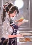  1girl :d adapted_costume alternate_hairstyle apron ashigara_(kantai_collection) bangs blurry bob_(biyonbiyon) brown_eyes brown_hair chopsticks cooking curry curry_rice depth_of_field fangs food frilled_apron frills hair_between_eyes hair_up hairband holding holding_plate kantai_collection katsu_(food) katsudon_(food) long_hair looking_at_viewer official_art open_mouth plate ponytail porthole remodel_(kantai_collection) rice shirt sidelocks smile solo steam teeth upper_body white_shirt window 