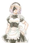  1girl artist_request blindfold bob_cut bow breasts cowboy_shot headband highres maid medium_breasts mole mole_under_mouth nier_(series) nier_automata parted_lips puffy_short_sleeves puffy_sleeves short_hair short_sleeves simple_background solo white_background white_hair wrist_cuffs yorha_no._2_type_b 