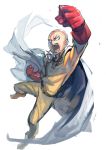  1boy absurdres azuki_(azuki-taste) bald belt bodysuit cape clenched_hand commentary full_body gloves highres looking_at_viewer male_focus one-punch_man open_mouth red_gloves saitama_(one-punch_man) simple_background sketch solo superhero teeth white_background white_cape yellow_bodysuit 