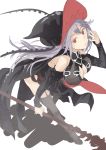  1girl bangs bare_shoulders black_dress black_legwear breasts colored_eyelashes commentary_request detached_sleeves dress full_body garter_straps granblue_fantasy grey_hair hair_between_eyes hat large_breasts leaning_forward long_hair long_sleeves magisa_(granblue_fantasy) no_pupils red_eyes saraki shadow simple_background smile solo staff thigh-highs unfinished white_background witch_hat 