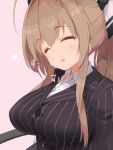  1girl amagi_brilliant_park antenna_hair bow breasts brown_hair business_suit closed_eyes formal hair_bow kaisen_chuui large_breasts long_hair long_sleeves open_mouth ponytail sento_isuzu sleeping solo suit 