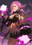  1girl arm_strap belt breasts chains cleavage cuffs earrings forever_7th_capital hair_ornament jewelry large_breasts long_hair looking_at_viewer midriff mr_cloud navel pink_eyes pink_hair shackles short_shorts shorts solo standing 
