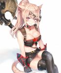  1girl animal_ears arm_support black_gloves black_legwear black_skirt bow breasts cat_ears cat_tail cleavage collarbone crop_top facial_mark final_fantasy final_fantasy_xiv gloves grin hair_bow highres large_breasts legs_crossed lips long_hair miniskirt miqo&#039;te momoko_(momopoco) off_shoulder ponytail shiny shiny_skin sitting skirt slit_pupils smile tail thigh-highs thighs 