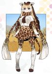  1girl :&gt; belt blonde_hair blue_eyes blush boots breast_pocket breasts brown_hair closed_mouth eyebrows_visible_through_hair full_body giraffe_ears giraffe_horns giraffe_tail hair_between_eyes highres kemono_friends knee_boots large_breasts long_hair long_sleeves multicolored_hair pleated_skirt pocket reticulated_giraffe_(kemono_friends) scarf shirt signature skirt smile solo standing umigarasu_(kitsune1963) very_long_hair white_boots white_hair white_shirt 