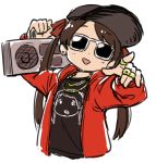  1girl alternate_costume boombox jacket jewelry kantai_collection long_hair mikuma_(kantai_collection) mizuno_(okn66) necklace ring shirt simple_background solo sunglasses t-shirt twintails white_background 