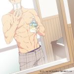  1boy abs adonis_belt cellphone head_out_of_frame lowres male_focus minamoto_seiichirou mirror official_art pants phone plaid plaid_pants sanrio_danshi school_uniform self_shot sink smartphone solo toned toned_male watermark 