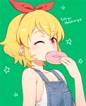  1girl aikatsu! blonde_hair character_name doughnut eating food green_background hair_ribbon hoshimiya_ichigo looking_at_viewer one_eye_closed open_mouth red_eyes red_ribbon ribbon short_hair simple_background solo star upper_body yoban 