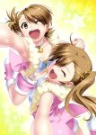  2girls boots brown_eyes brown_hair cute_&amp;_girly_(idolmaster) foreshortening from_above futami_ami futami_mami hand_holding idolmaster long_hair looking_at_viewer multiple_girls open_mouth short_hair siblings side_ponytail sisters twins zen 