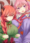  2girls :3 animal_ears black_hairband blue_shirt braid breasts cat_ears clenched_hands dress eyeball eyebrows_visible_through_hair green_dress hairband highres kaenbyou_rin komeiji_satori large_breasts long_hair long_sleeves multiple_girls open_mouth paw_pose pink_eyes pink_hair red_eyes red_ribbon redhead ribbon shirt short_hair third_eye touhou twin_braids uchisukui 