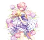  1girl artist_name checkered checkered_dress dress fate/grand_order fate_(series) floral_background flower glasses hydrangea jacket looking_at_viewer open_mouth purple_hair rosuuri shielder_(fate/grand_order) short_hair smile solo standing violet_eyes yellow_jacket 