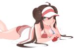  1girl ahoge ass bikini blue_eyes breasts brown_hair chin_rest cleavage double_bun highres long_hair looking_at_viewer lying medium_breasts mei_(pokemon) on_stomach pokemon pokemon_(game) pokemon_bw2 pout red_bikini soft_focus solo swimsuit towel twintails very_long_hair visor_cap xiangxian_(sangheon23) 