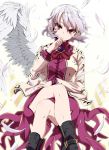  1girl black_boots boots breasts brooch dress feathered_wings feathers head_tilt highres jacket jewelry kishin_sagume legs_crossed long_sleeves looking_at_viewer medium_breasts nail_polish purple_dress red_eyes rihito_(usazukin) short_dress silver_hair simple_background single_wing solo touhou tsurime white_background white_wings wings 