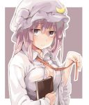  1girl book breast_press breasts commentary_request crescent hat holding holding_book large_breasts long_hair long_sleeves looking_at_viewer mob_cap muchi_maro open_clothes open_shirt patchouli_knowledge purple_background purple_hair ribbon shirt simple_background solo touhou upper_body violet_eyes white_shirt wide_sleeves 