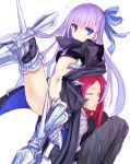  1boy 1girl black_legwear blue_bow blue_eyes bow closed_eyes closed_mouth fate/extra fate/extra_ccc fate/grand_order fate_(series) hair_bow korican long_hair looking_at_viewer meltlilith metal_boots navel pants purple_hair redhead revealing_clothes sleeves_past_wrists smile thigh-highs tristan_(fate/grand_order) white_background 