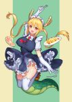  1girl absurdres blonde_hair breasts dragon_girl dragon_horns dragon_tail erect_nipples fang food fork frills full_body gloves highres horns jumping kobayashi-san_chi_no_maidragon large_breasts long_hair looking_at_viewer maid_headdress necktie omurice open_mouth orange_eyes petticoat shc slit_pupils smile solo spoon tail thigh-highs thighs tooru_(maidragon) twintails white_gloves white_legwear 
