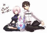  1boy 1girl armor armored_dress black_hair blue_eyes breasts creature elbow_gloves fate/grand_order fate_(series) fou_(fate/grand_order) fujikiti fujimaru_ritsuka_(male) gloves green_eyes hair_over_one_eye highres long_sleeves midriff navel purple_hair shielder_(fate/grand_order) short_hair silver_hair sitting smile translated violet_eyes 