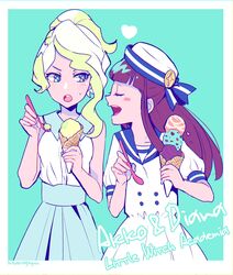  2girls absurdres blonde_hair blue_eyes blush brown_hair casual couple diana_cavendish eating food highres ice_cream kagari_atsuko kisaragi_yuu_(fallen_sky) little_witch_academia long_hair multiple_girls open_mouth ponytail shirt smile yuri 