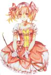  105 1girl absurdres bow_(weapon) gradient_hair graphite_(medium) highres kaname_madoka looking_at_viewer magical_girl mahou_shoujo_madoka_magica multicolored_hair solo traditional_media weapon 