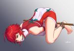  1girl ass barefoot bdsm bondage bound brown_eyes feet fire_emblem fire_emblem_if gag gbeeee hinoka_(fire_emblem_if) looking_at_viewer redhead rope short_hair solo toes 