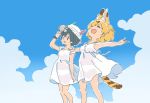  2girls alternate_costume animal_ears black_hair blonde_hair bucket_hat clouds commentary_request day dress hat kaban_(kemono_friends) kemono_friends mitsumoto_jouji multiple_girls open_mouth outstretched_arms panties see-through serval_(kemono_friends) serval_ears serval_tail short_hair silhouette sketch sky sleeveless sleeveless_dress smile striped_tail sundress tail underwear 