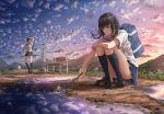  2girls backpack bag black_hair bus_stop clouds cloudy_sky commentary_request frog highres k_ryo kneehighs loafers multiple_girls navy_blue_legwear original pleated_skirt puddle reflection ripples scenery shading_eyes shoes skirt sky squatting sunset yellow_eyes 