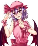  1girl ascot bare_arms bare_shoulders bat_wings breasts dress fingernails hair_ribbon hat highres hot large_breasts lips long_fingernails mob_cap nail_polish older pink_dress pink_nails pointy_ears purple_hair red_eyes remilia_scarlet ribbon sash simple_background sleeveless sleeveless_dress solo sweat touhou white_background wings wrist_cuffs zeramu 