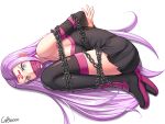  1girl arms_behind_back bdsm bondage bound breasts chains facial_mark fate/stay_night fate_(series) forehead_mark gagged gbeeee grey_eyes highres long_hair purple_hair rider solo very_long_hair 