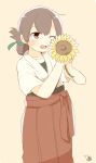  1girl artist_name blush brown_eyes brown_hair commentary_request cowboy_shot flower folded_ponytail hakama ina_(1813576) japanese_clothes kantai_collection kasuga_maru_(kantai_collection) kimono long_hair one_eye_closed remodel_(kantai_collection) simple_background smile solo sunflower taiyou_(kantai_collection) 