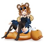  absurdres animal_ears breasts brown_hair girls_frontline grizzly_mkv_(girls_frontline) highres jacket open_mouth short_hair small_breasts solo stuffed_animal stuffed_toy sunglasses sunglasses_on_head tears teddy_bear thigh-highs torn_clothes torn_thighhighs violet_eyes younger 