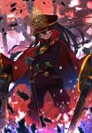  1girl antique_firearm bangs belt_buckle black_belt black_hair brown_jacket brown_pants buckle burning_eyes cape chains cloak closed_mouth commentary_request demon_archer double-breasted eyebrows_visible_through_hair family_crest fate/grand_order fate_(series) fire firearm floating_hair gloves glowing glowing_eyes grey_gloves gun hair_between_eyes hat high_collar highres holding holding_sword holding_weapon kashu_(hizake) katana knee_pads legs_apart light_particles long_hair long_sleeves looking_at_viewer military military_uniform oda_clan_mon pants peaked_cap red_cloak red_eyes red_hat rifle scabbard sheath sheathed skeleton smile smirk solo standing sword translation_request uniform very_long_hair weapon wind 