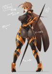  1girl antenna_hair armor ass bodysuit breasts brown_hair commentary hair_tubes hand_on_hip high_heels lance large_breasts long_hair looking_back low_twintails mikoyan original personification polearm simple_background sunglasses translation_request twintails wasp weapon 