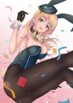  1girl animal_ears ascot atago_(kantai_collection) beret black_gloves blonde_hair breasts bunny_tail bunnysuit cleavage confetti gloves hat kantai_collection long_hair looking_at_viewer ohnaka0515 pantyhose rabbit_ears sitting solo tail wrist_cuffs 