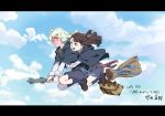  2girls :d bag blue_eyes blue_sky blush broom broom_riding brown_hair cloak clouds commentary_request day diana_cavendish full_body half-closed_eyes highres hug hug_from_behind kagari_atsuko little_witch_academia long_hair long_sleeves multiple_girls neck_ribbon official_art open_mouth ribbon school_uniform sidelocks sky smile sweatdrop takeda_naoki text white_hair witch yuri 