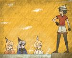  4girls animal_ears bare_shoulders black_bow black_bowtie black_eyes black_gloves black_hair black_legwear black_shirt blazer blonde_hair bow bowtie breast_pocket brown_eyes brown_shoes bucket_hat clenched_hand closed_mouth commentary_request crack egyptian_art elbow_gloves ezo_red_fox_(kemono_friends) fox_ears from_side full_body gloves hat hat_feather highres jacket kaban_(kemono_friends) kemono_friends kita_(7kita) legs_apart long_hair multicolored_hair multiple_girls necktie pantyhose partially_submerged pocket profile red_shirt serval_(kemono_friends) serval_ears serval_print shirt shirt_tug shoes short_hair short_sleeves shorts silver_fox_(kemono_friends) silver_hair sleeveless sleeveless_shirt standing two-tone_hair water white_bow white_bowtie white_shirt white_shorts yellow_background yellow_necktie 