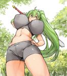  1girl bike_shorts breasts from_below green_hair hand_on_hip high_ponytail holding huge_breasts impossible_clothes impossible_shirt impossible_tank_top long_hair midriff navel open_mouth original perky_breasts ponytail sachito shirt solo standing sumi-chan_(sachito) sword thick_thighs thighs very_long_hair weapon yellow_eyes 