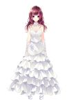  1girl bangs bare_shoulders breasts brown_hair cleavage dress elbow_gloves eyebrows_visible_through_hair full_body gloves golden_marriage hayakawa_harui highres ichijouji_toko long_hair looking_at_viewer medium_breasts official_art open_mouth sleeveless standing transparent_background violet_eyes white_dress 