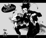  3boys agen_chiita bendy_(character) bendy_and_the_ink_machine black_eyes black_hair boris_the_wolf cane copyright_name demon_tail dual_persona gloves grey_background horns letterboxed multiple_boys personification simple_background sitting speech_bubble tail twitter_username white_gloves white_skin 