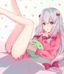  1girl blue_eyes bow eromanga_sensei eyebrows_visible_through_hair hair_bow hanamei heart highres izumi_sagiri legs_up long_hair looking_at_viewer low-tied_long_hair lying on_back open_mouth pajamas red_bow red_pajamas red_ribbon red_shirt red_shorts ribbon shirt short_shorts shorts silver_hair simple_background solo very_long_hair white_background 