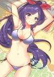  1girl absurdres armpits arms_behind_head arms_up beach bikini blush breasts collarbone eyebrows_visible_through_hair front-tie_top hair_ornament hair_ribbon highres large_breasts long_hair looking_at_viewer lying navel on_back partially_submerged ponytail purple_hair shadow shinano_(zhan_jian_shao_nyu) side-tie_bikini smile solo swimsuit tongue tongue_out very_long_hair violet_eyes water white_bikini zhan_jian_shao_nyu zhudacaimiao 