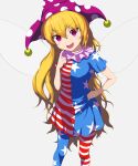  1girl :d absurdres american_flag_dress blonde_hair breasts clownpiece commentary_request fairy_wings feet_out_of_frame finger_to_own_chin from_above grey_background hand_on_hip hat highres jester_cap long_hair neck_ruff open_mouth pantyhose polka_dot shokabatsuki simple_background small_breasts smile solo star_(symbol) star_print touhou v-shaped_eyebrows very_long_hair violet_eyes wings 